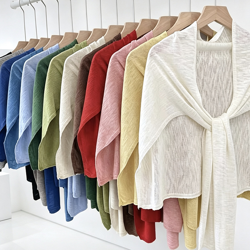 Summer thin sun-protection knot outer cardigan air-conditioned room solid color bamboo knot linen plus wide shawl