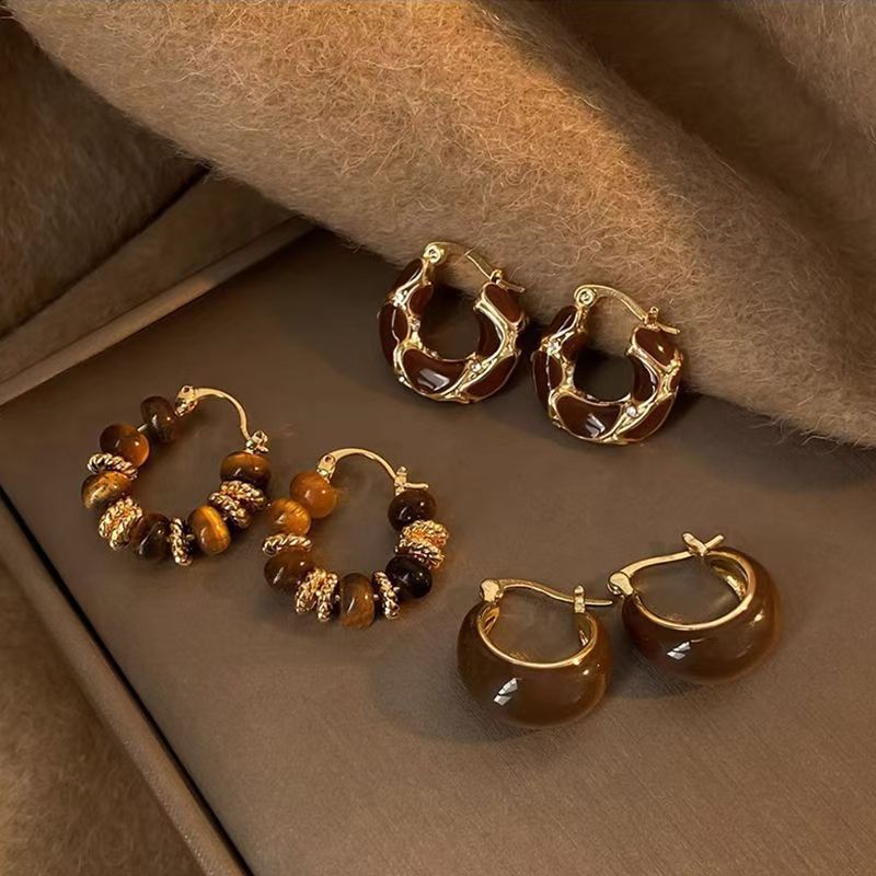 Autumn and winter Maillard tiger eye ear buckle earrings 2024 new ear accessories for women