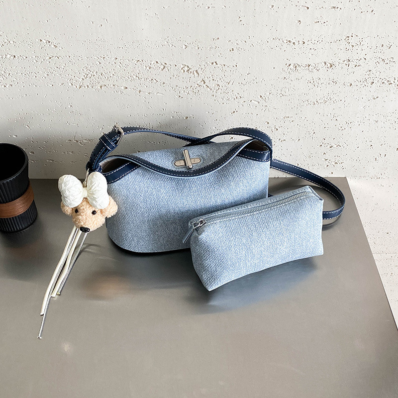 2026 New Washed Denim Curling Bag Cross Lock Underarm Crossbody Bag Two-Piece Set Handbag Cosmetic Bag