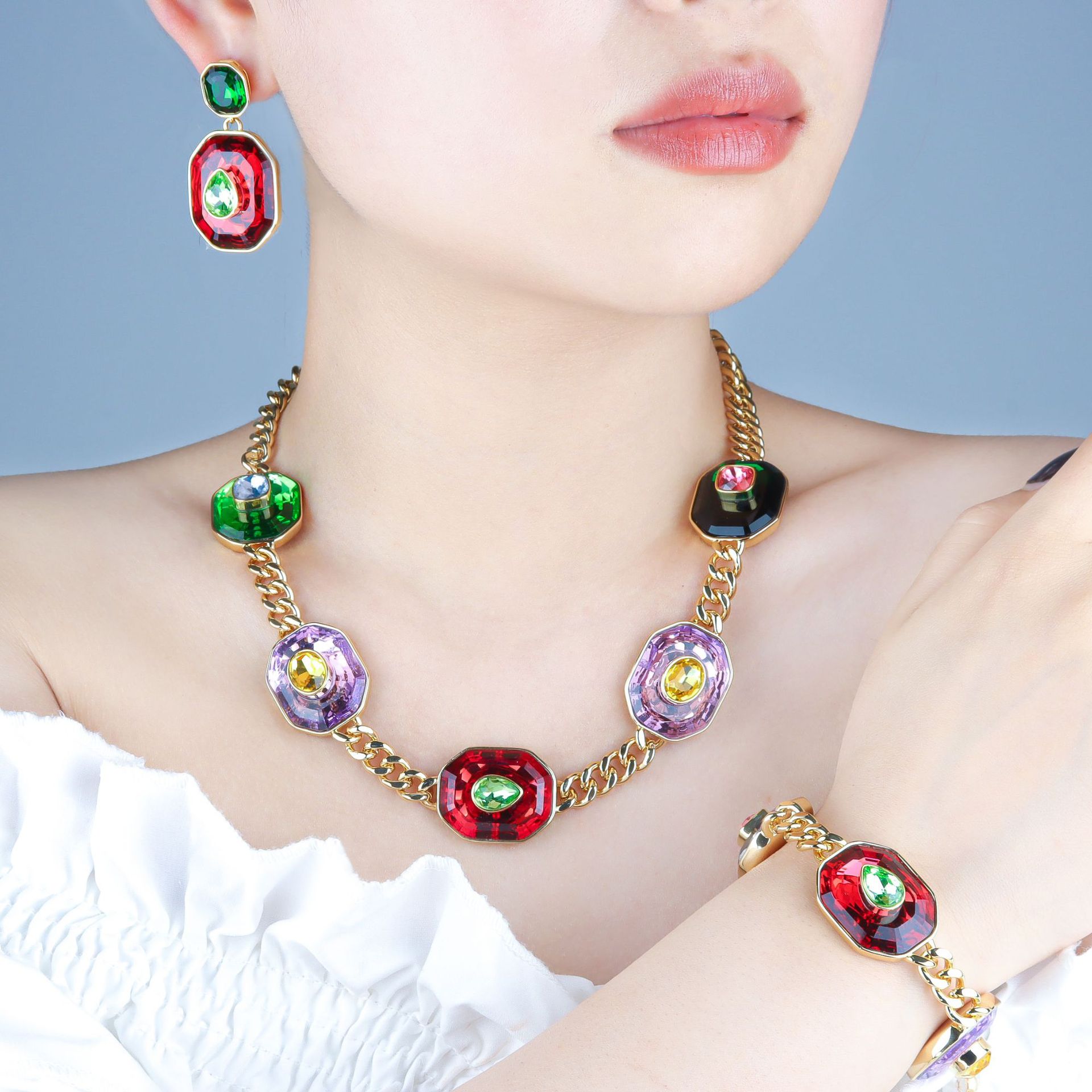New crystal necklace for women bracelet colorful dopamine earring set accessories