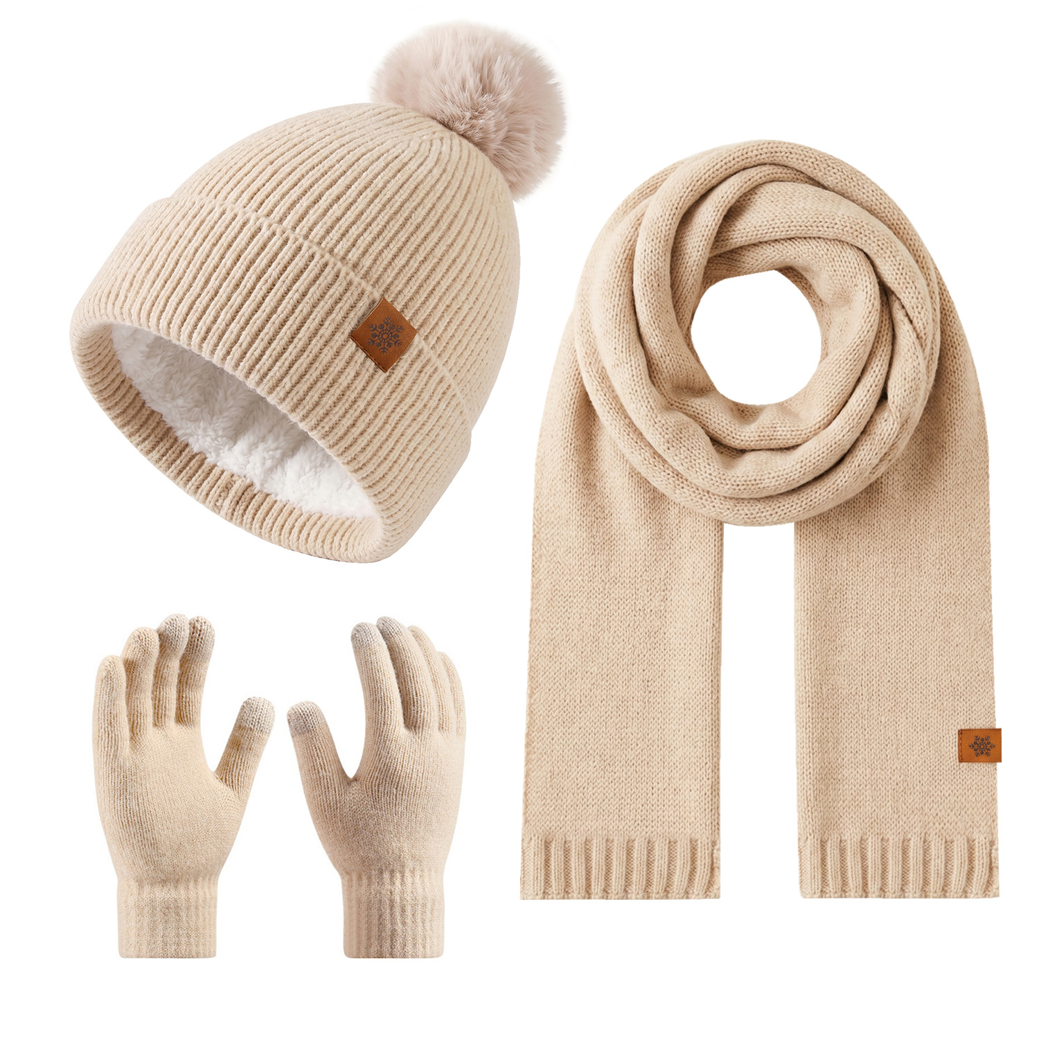 Knitted Hat Scarf Gloves Three-Piece Set Winter Outdoor Fleece-Lined Warm Earflap Beanie Wool Knit Hat