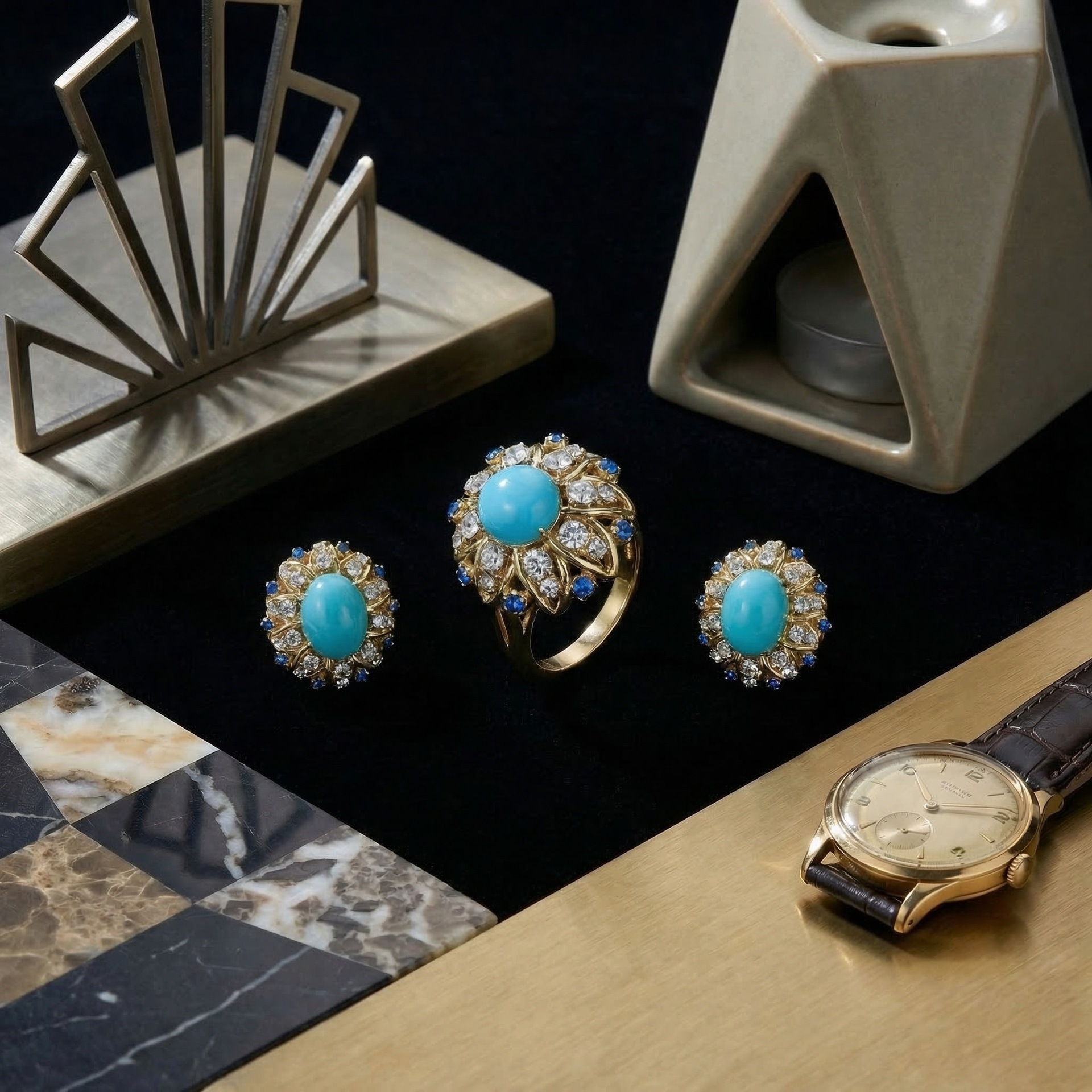 Qingdao vintage palace style natural stone sunflower set rhinestone accessories