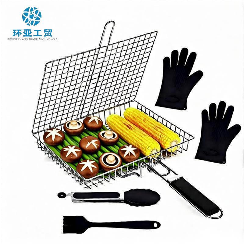 BBQ Stainless Steel Folding Handle Grill Tongs Outdoor Multi-functional BBQ Net Grilled Fish Vegetable Barbecue Tool