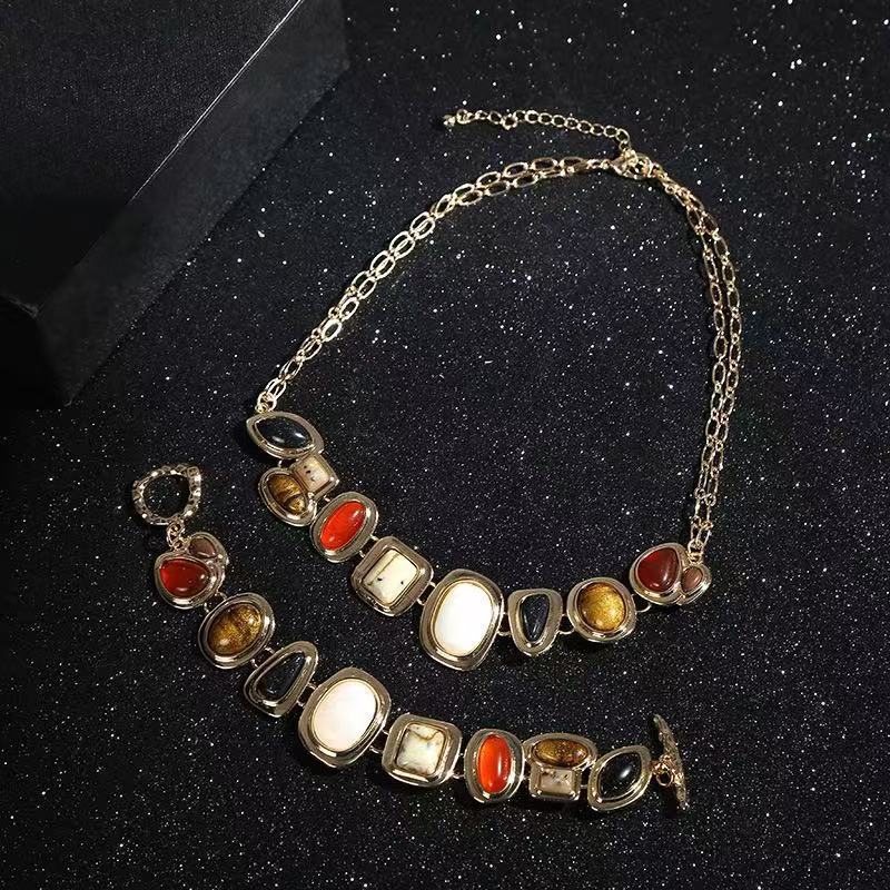 Exquisite Necklace Bracelet Set Plain Ring Stone Beads Collarbone Chain