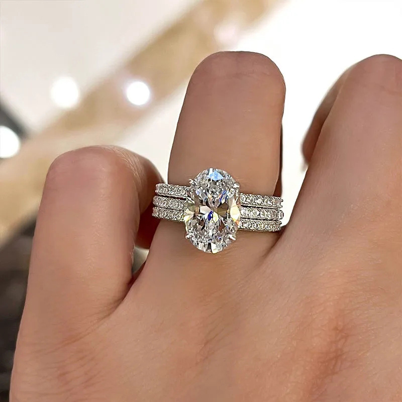Cao Shi Luxurious Three-Piece Ring Set Wedding Engagement Geometric Jewelry Ring Super Shiny Ring