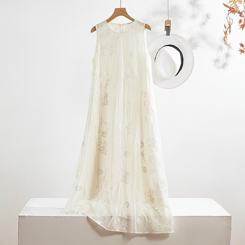 Heavy embroidery tencel white dress women summer new Chinese style long sleeveless vest dress