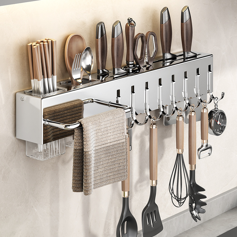 Stainless steel knife kitchen storage rack multifunctional no-drilling wall-mounted chopstick tube chopping knife integrated storage rack