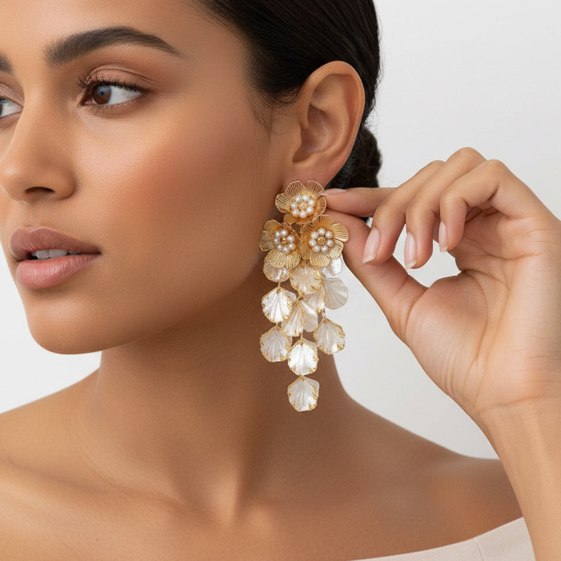 Super fairy sweet dopamine multi-layer earrings for women imitation pearl woven floral ear accessories