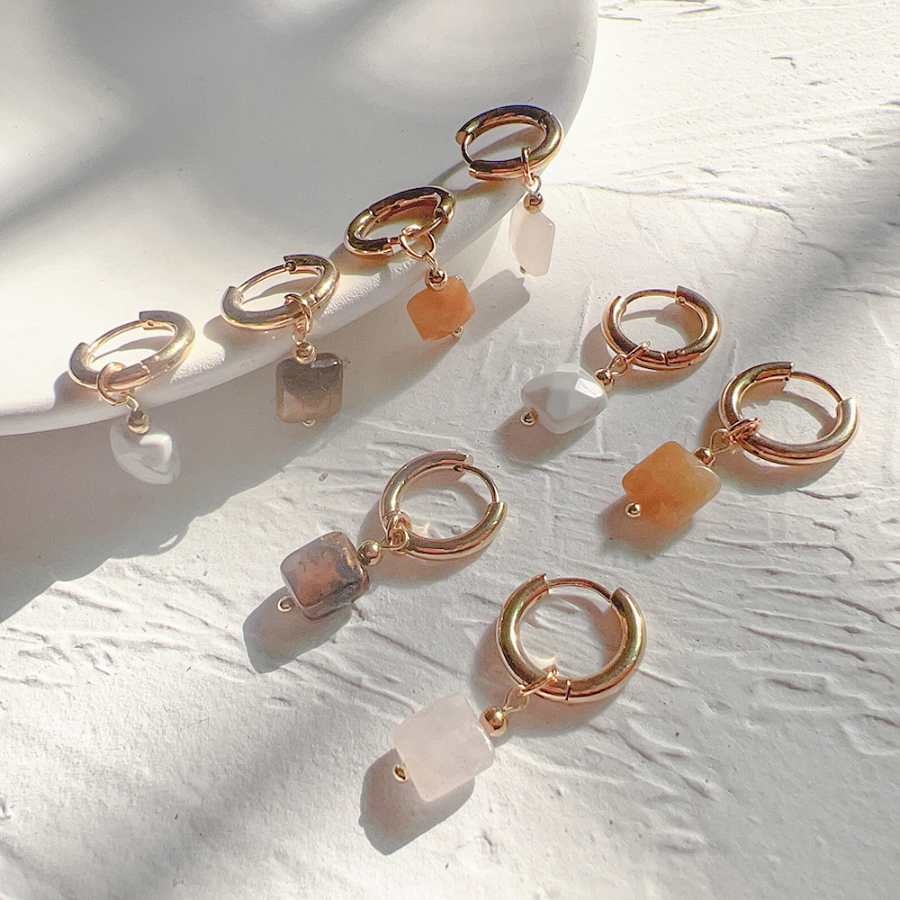 INS-Style Square Earrings: 18K Gold-Plated Stainless Steel Clips with Natural Stone Rhombus Pendants for Women
