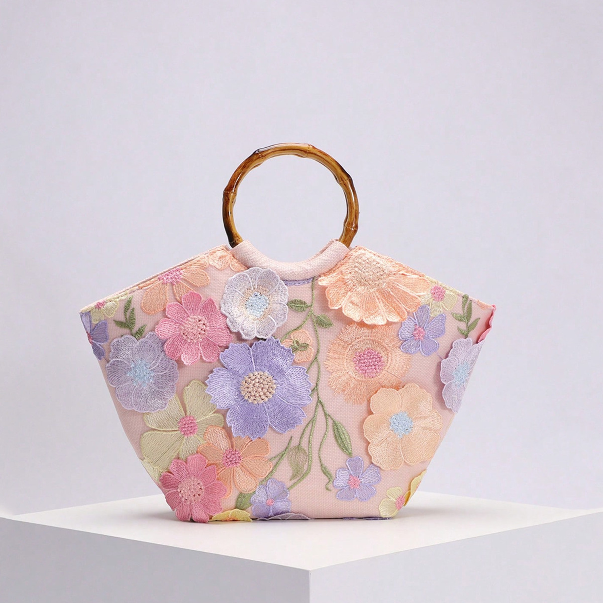 Seaside Vacation Style Bag Women's New Embroidery 3D Applique Sequins Flower Bamboo Knot Handle Bag Elegant Tote Bag