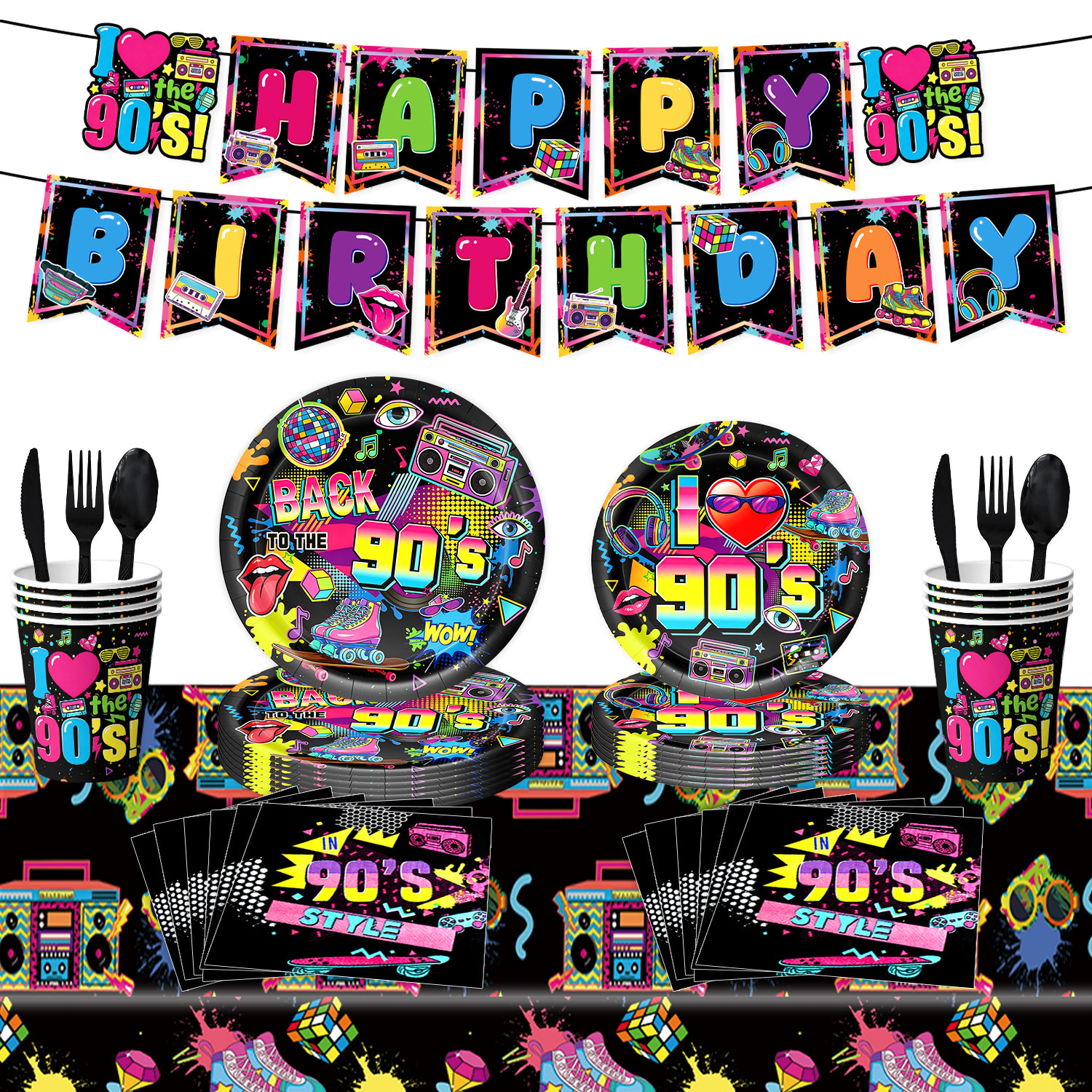 New 90s Party Disposable Tableware Paper Plate Paper Cup Napkin Tablecloth Bunting Flag Cake Decoration