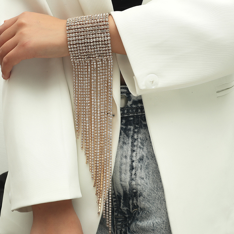 Exaggerated Luxury Multi-Row Multi-Layer Sparkling Rhinestone Tassel Nightclub Performance Bracelet for Women