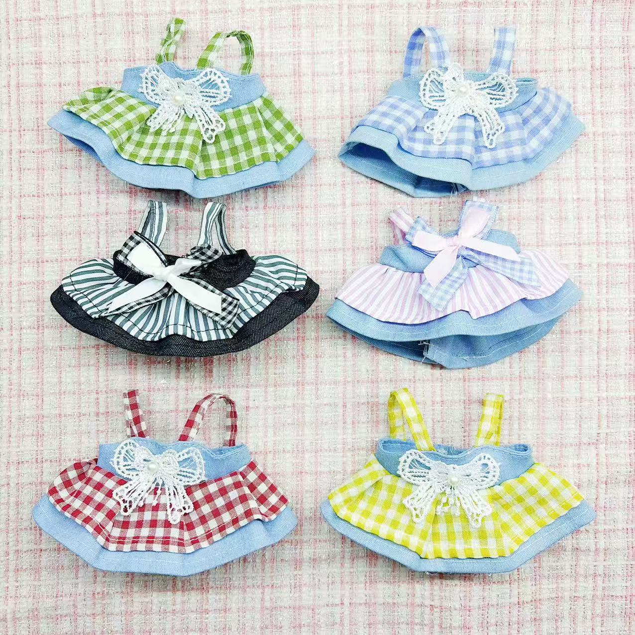 New 15CM Doll Clothes KT Plush Toy Plush Grid Bow Skirt Shirley Mei Gate Dog Labubu Lace Skirt