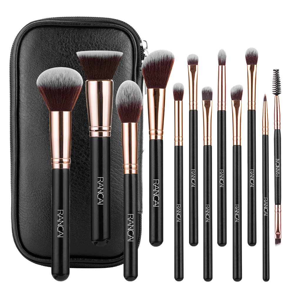 12 Pieces Black PU Zipper Bag Makeup Brush Set Soft Loose Powder Foundation Brush Eyeshadow Brush Makeup Tool