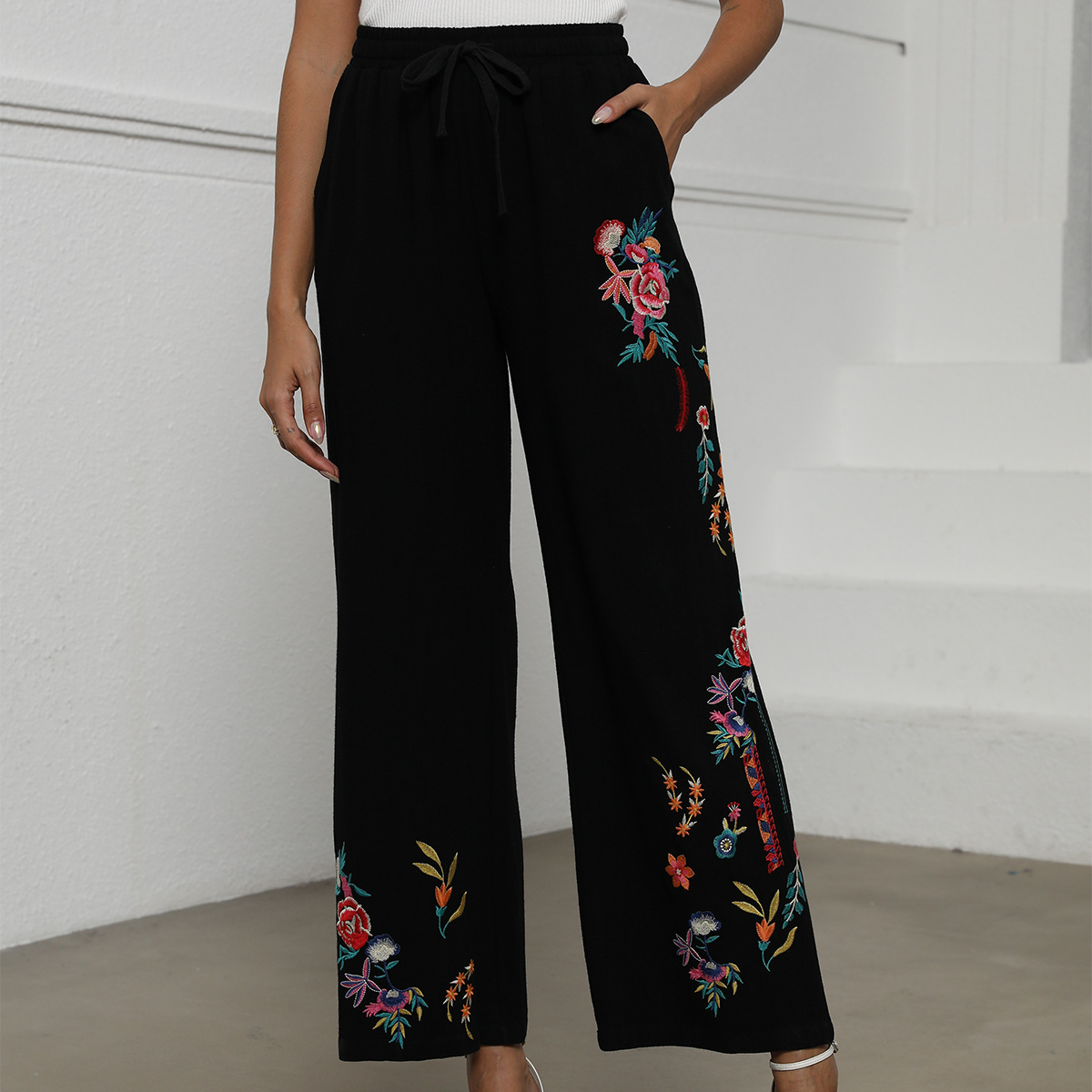Ethnic style wide-leg straight-leg pants cotton-linen embroidered flower nine-point skirt pants summer loose plus size casual pants #048