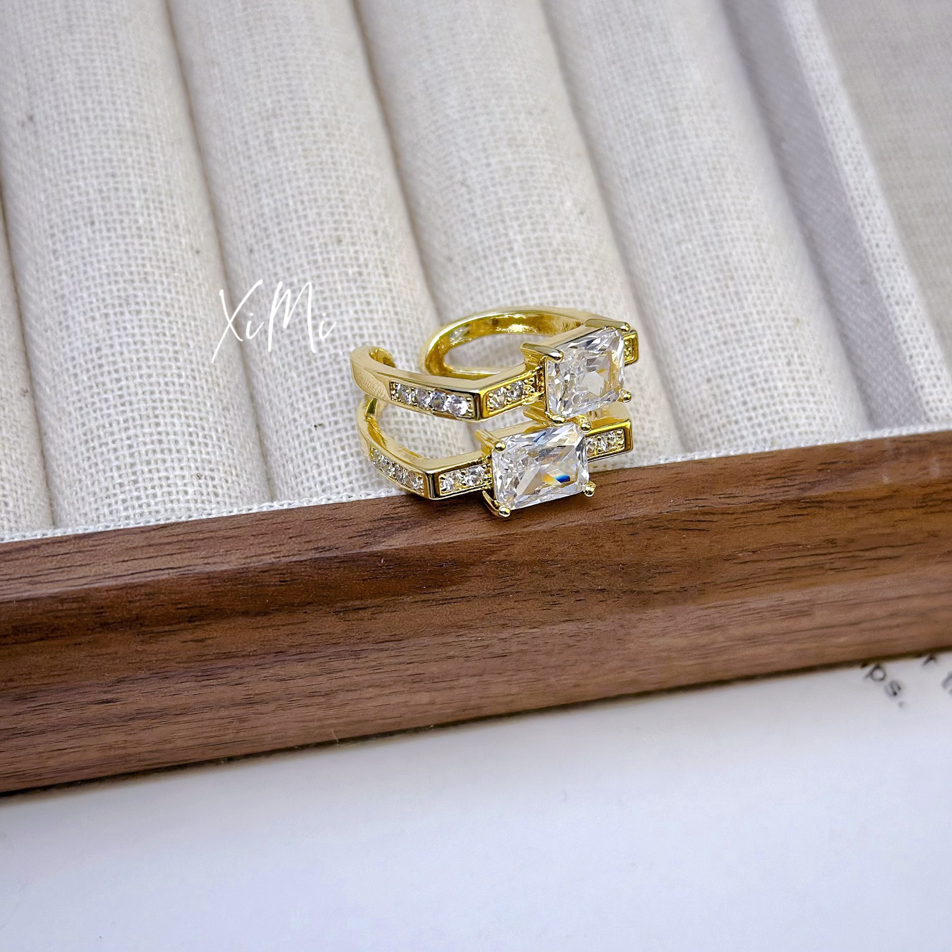 Zirconia Square Double-Layer Open Ring for Women Niche Design Index Finger Ring Hand Jewelry