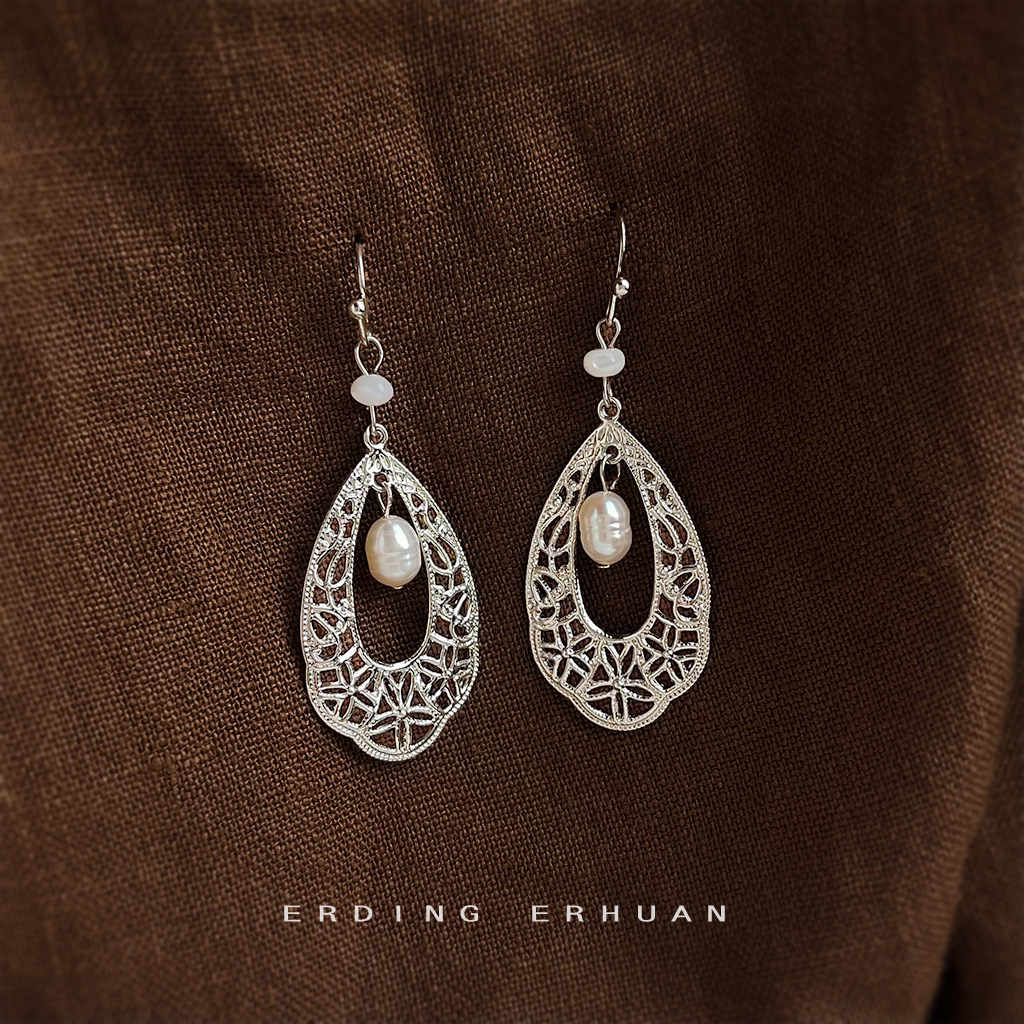 Freshwater pearl ethnic style handmade water drop hollow new earrings jewelry