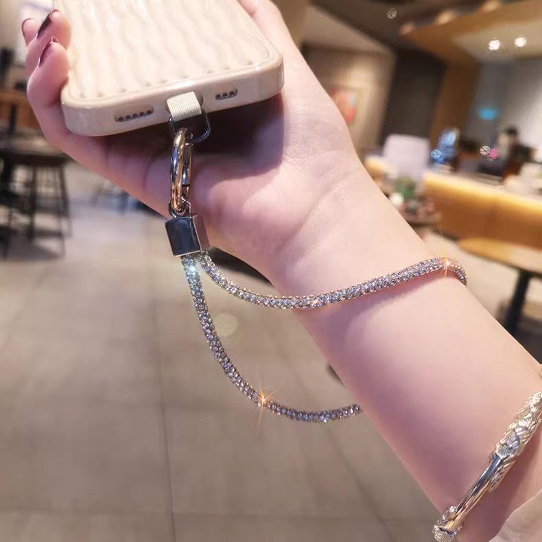 Full rhinestone phone lanyard long neck luxury full rhinestone hanging chain crossbody wrist short pendant