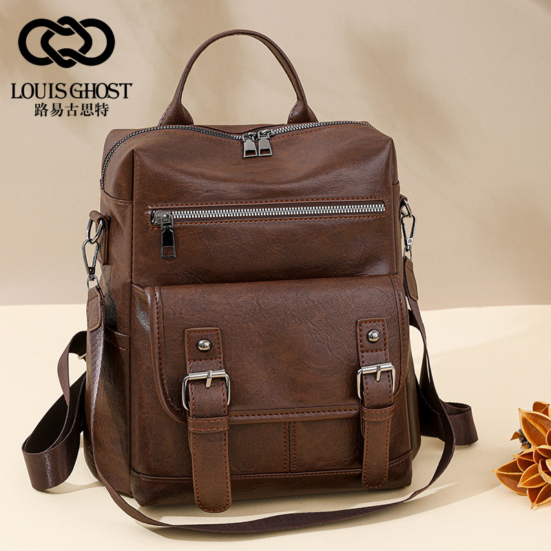 2025 new women's double-shoulder bag soft leather tassel multifunctional travel backpack