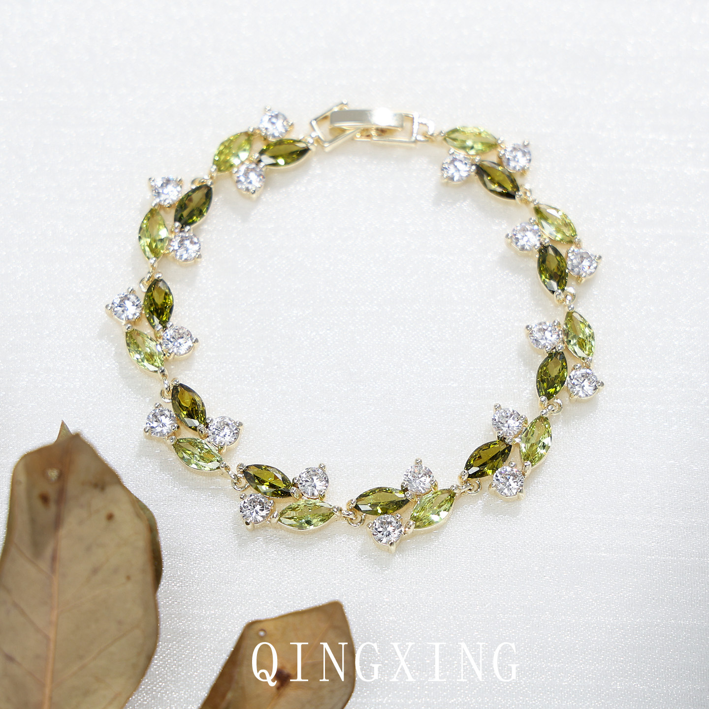 Olive Green Zirconia Bracelet Women's Small Willow Leaf Brightening Fresh Forest Style Accessory