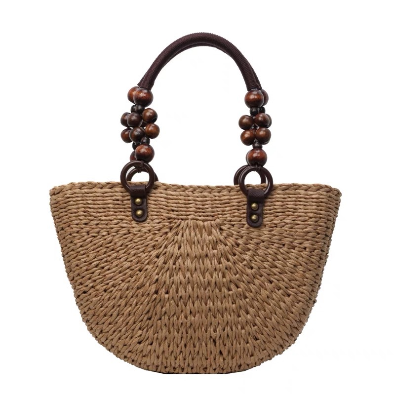Wood Bead Handheld Straw Bag Handwoven Bag Large Capacity Tote Bag Women's Single Shoulder Basket Vacation Beach Bag
