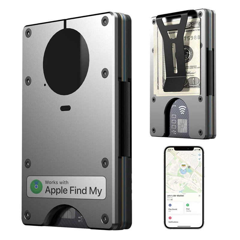 AirTag metal money clip with built-in Apple Airtag chip, trackable wallet, supports RFID blocking function