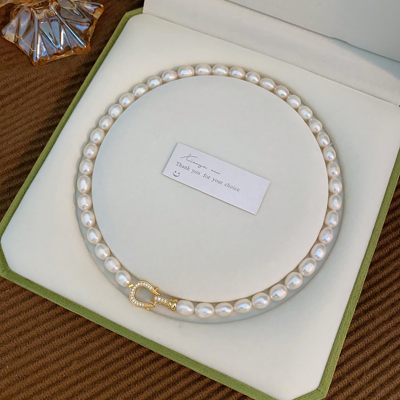 8mm natural freshwater pearl necklace with horseshoe clasp, collarbone chain, neck chain, exquisite and elegant
