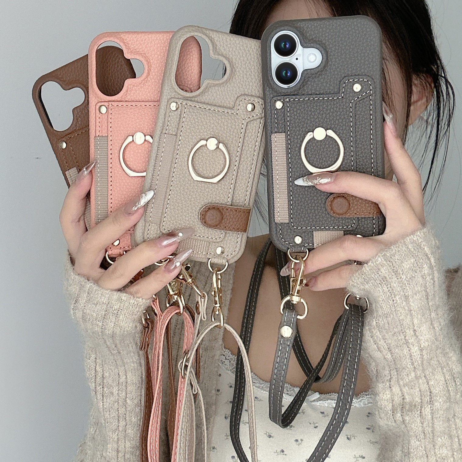 For Apple 18 crossbody phone case long lanyard card slot storage iPhone18 phone leather case 12 anti-drop case 11