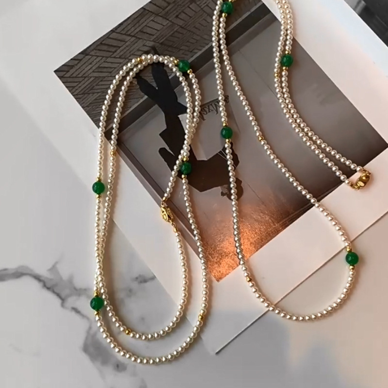 Chrysoprase multi-layer long pearl necklace women new Chinese style agate cheongsam accessory sweater chain neck chain