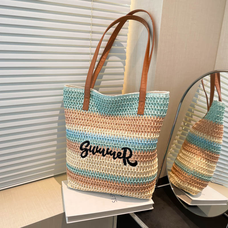 2026 new straw woven bag women's large capacity shopping bag striped letter beach bag embroidered handbag