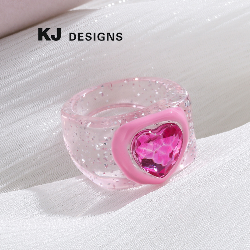 Kenjie autumn-winter new Valentine's Day resin heart-shaped enamel ring with rhinestones for women