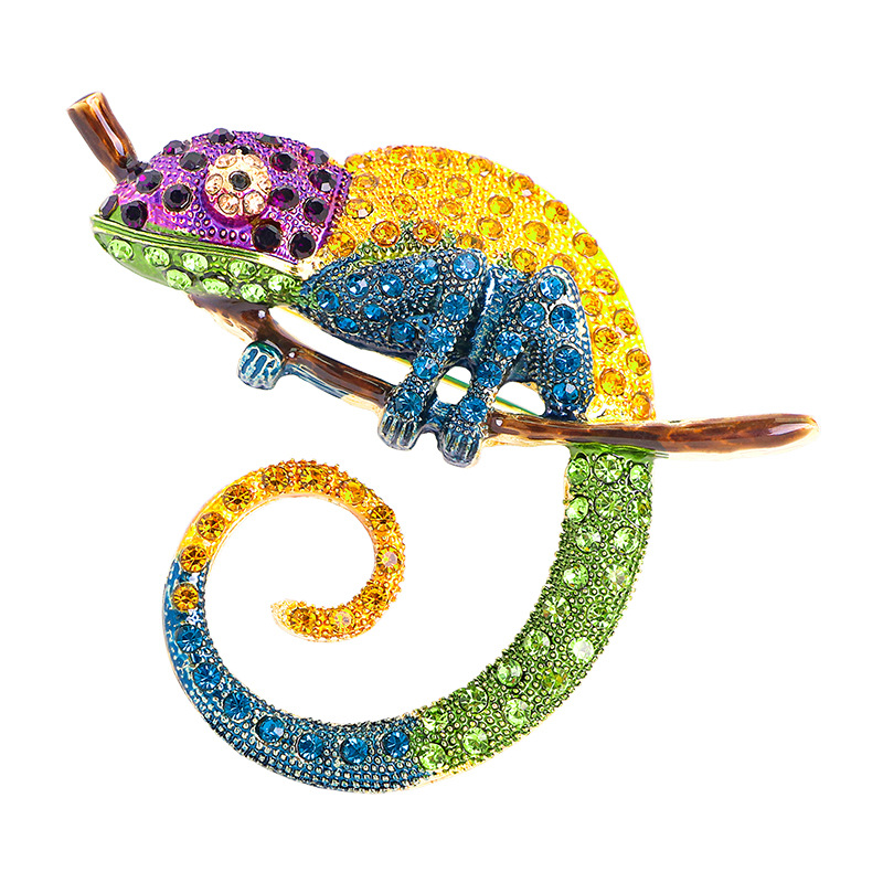 New Rhinestone Colorful Chameleon Brooch Oil Painting Animal Rhinestone Lizard Pin Corsage Accessory