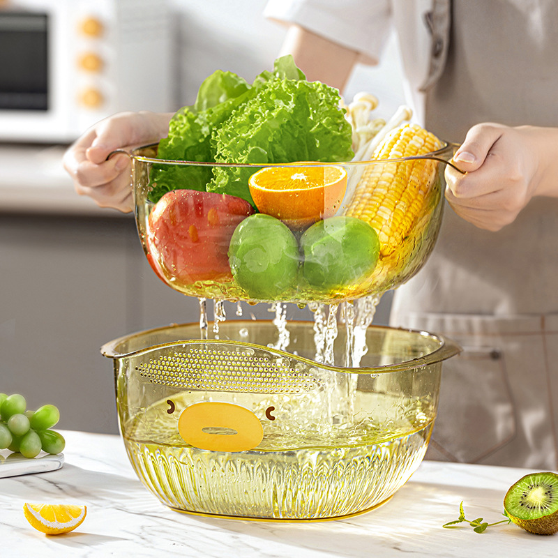 Double-Layer Vegetable Washing Basket Kitchen Draining Fruit Vegetable Basket Household Washing Vegetable Basket Multifunctional Fruit Washing Filter Basin Vegetable Washing Basket