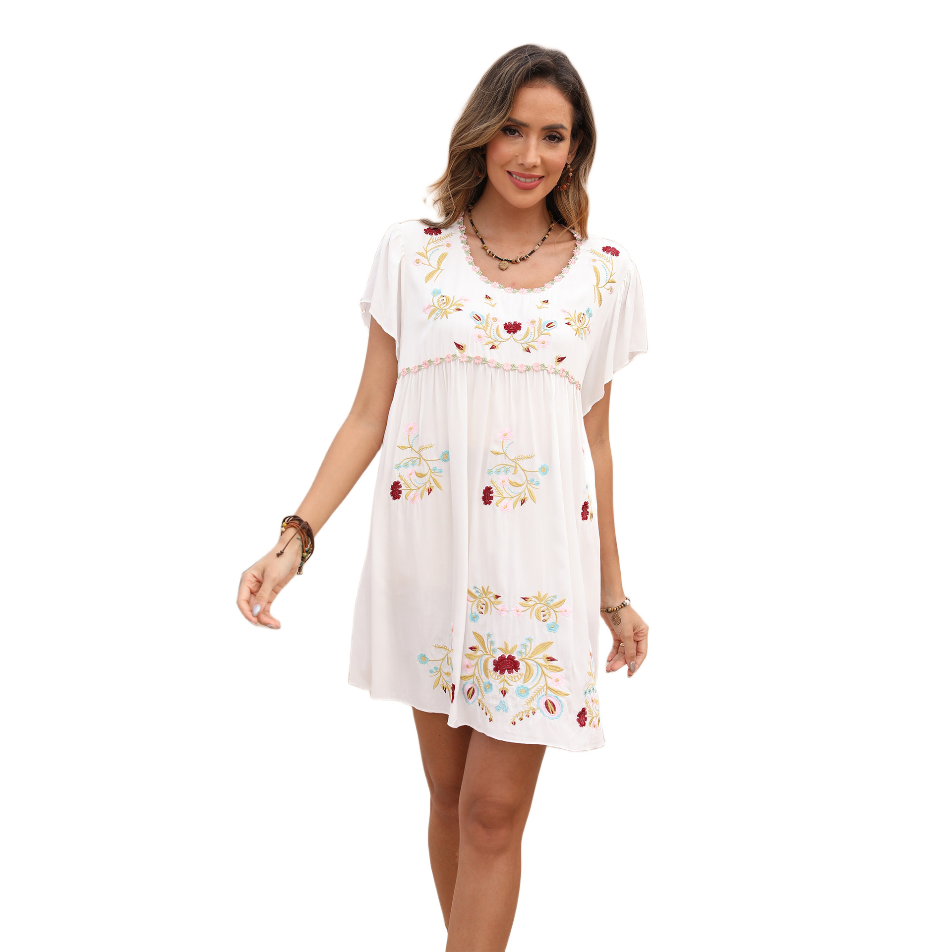 Embroidered casual loose dress summer V-neck short dress women #762