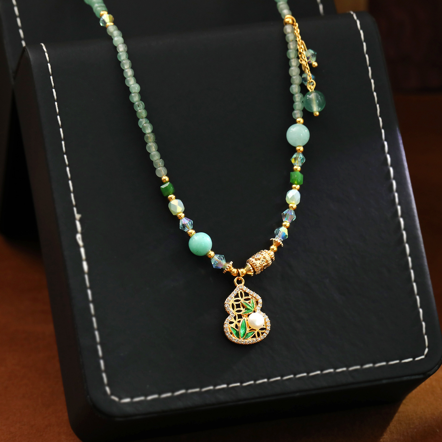 New Chinese Style Gourd Jade Beaded Necklace Women National Style Collarbone Chain Accessories