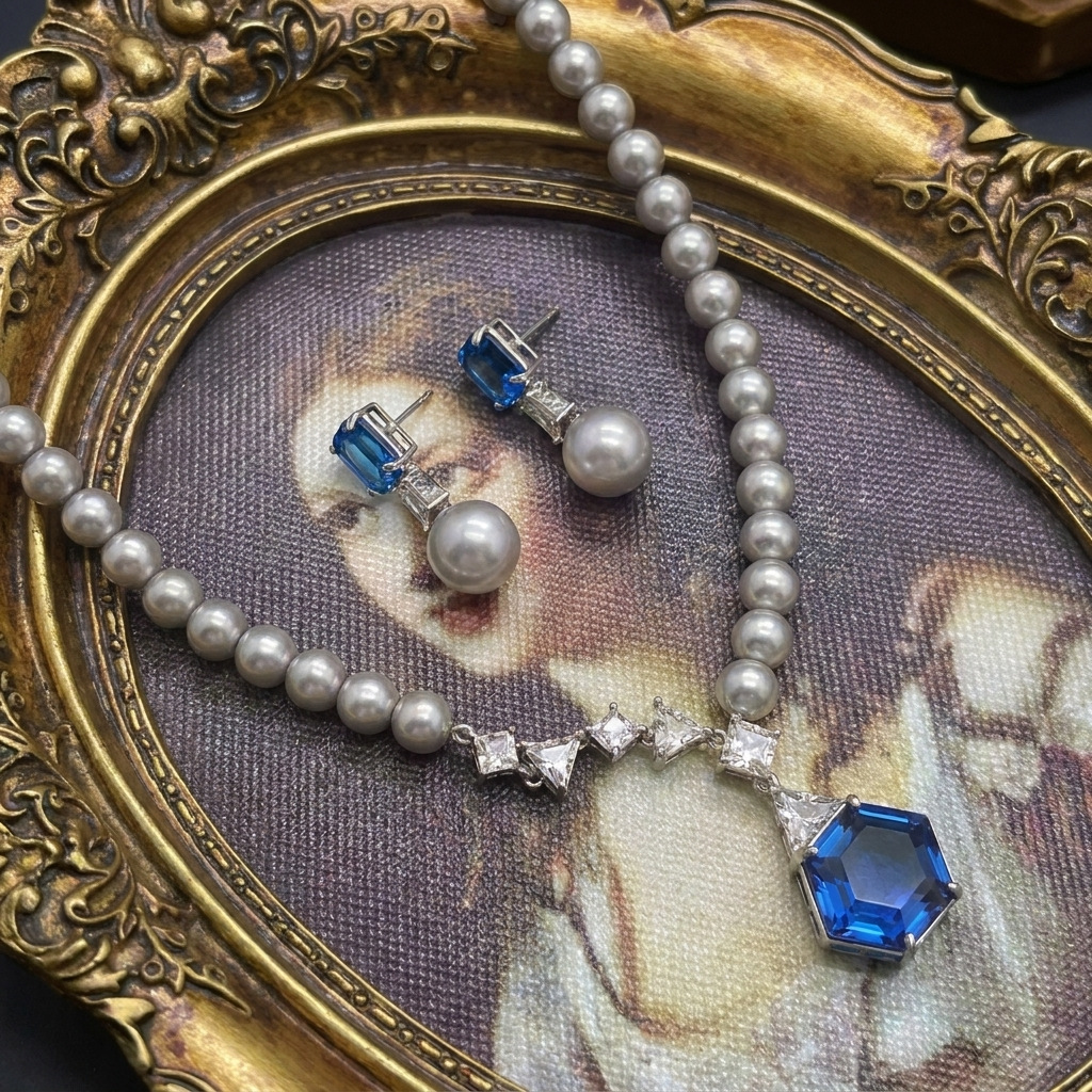 Qingdao vintage cool-toned aquamarine gray pearl set geometric cut necklace and earrings two-piece set
