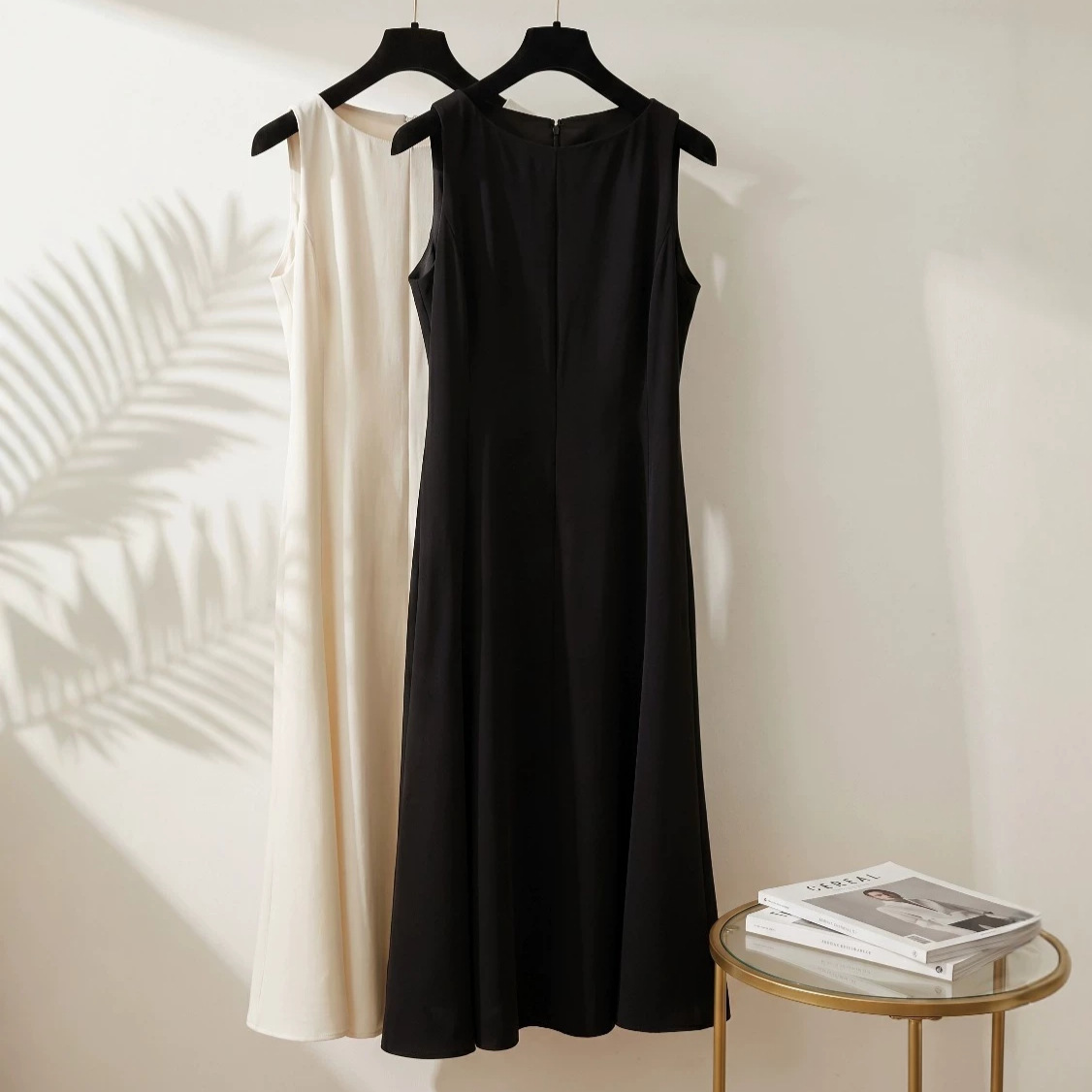 th**ry A-line acetate dress women summer Hepburn style sleeveless fishtail umbrella swing vest dress midi