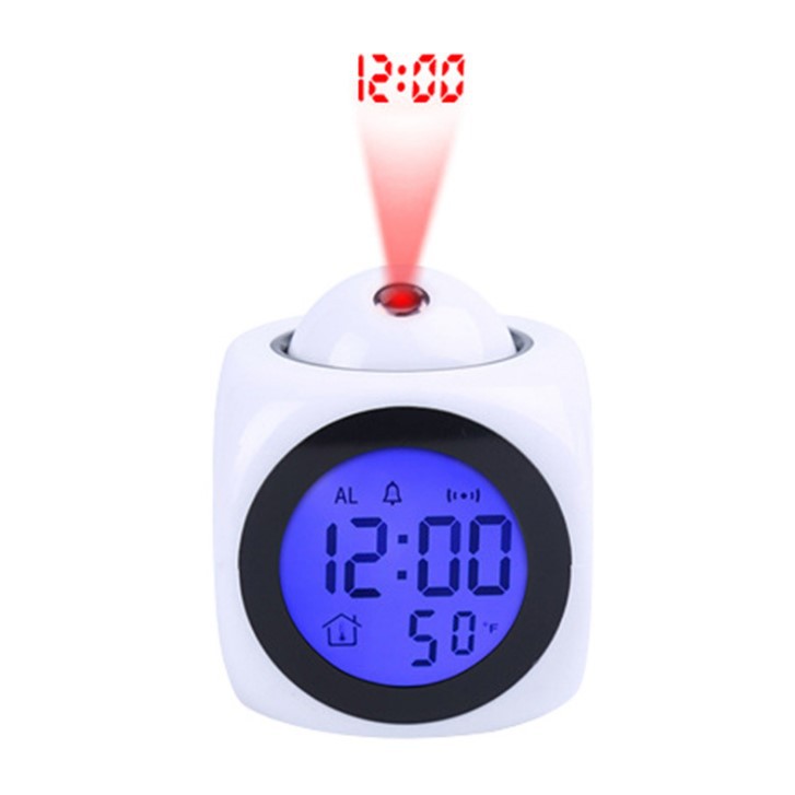 Multifunctional LED Projection Alarm Clock with English Voice Time Reporting, Square Design, Lazy Alarm, Bedroom Electronic Clock