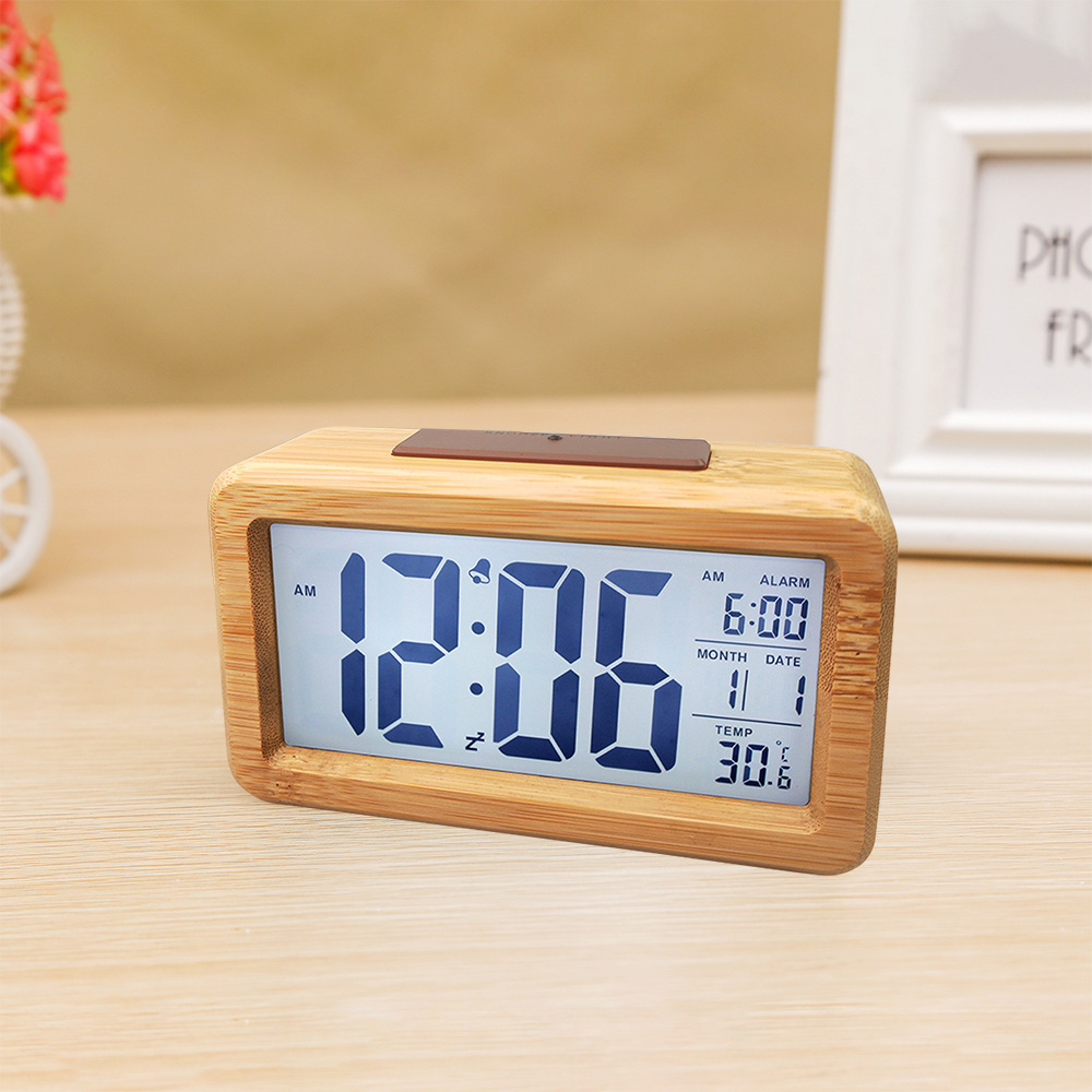 Digital Wood Grain Electronic Alarm Clock Silent Electronic Clock Solid Wood Light Sensing Alarm Clock Electronic Gift Smart Clock 1902