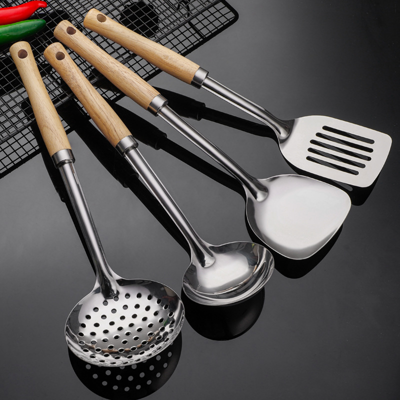 304 stainless steel spatula kitchenware set, high temperature resistant stir-fry spatula, home use, soup spoon, slotted spoon, wooden handle, kitchen supplies