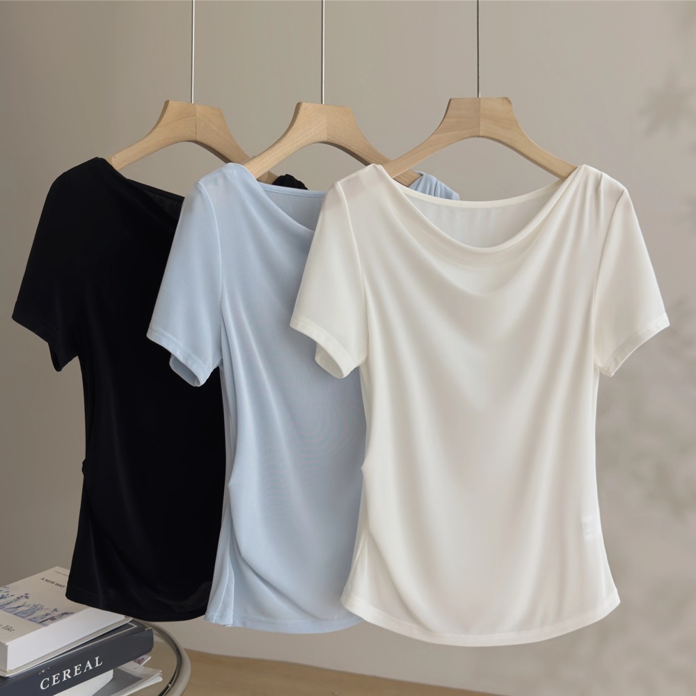 Draped collar acetate short-sleeve white T-shirt women's summer pleated waist top