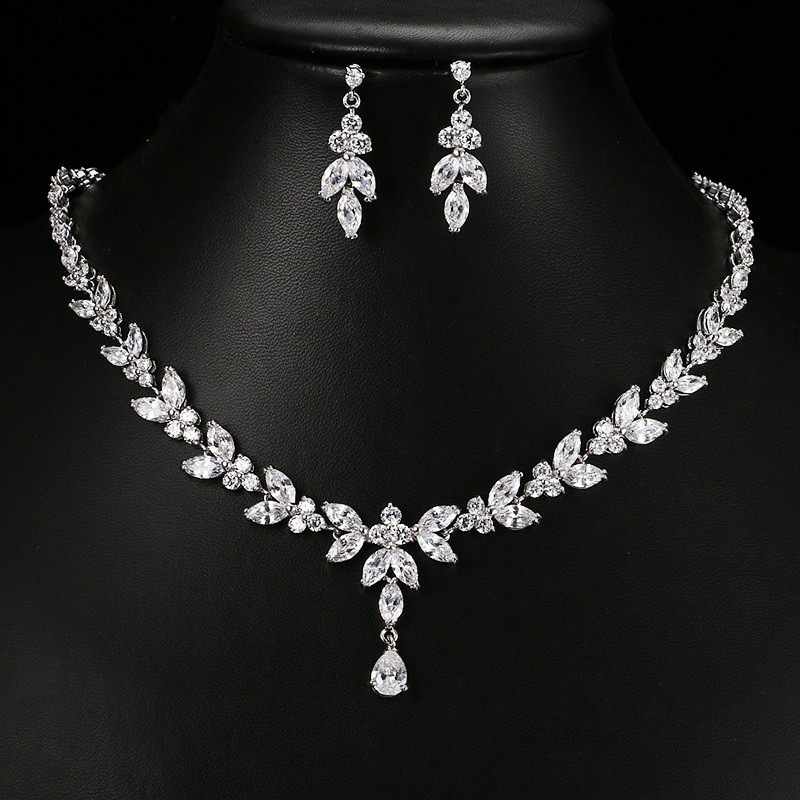 Simple long marquise teardrop zirconia white gold necklace and earrings jewelry set, bridal accessories