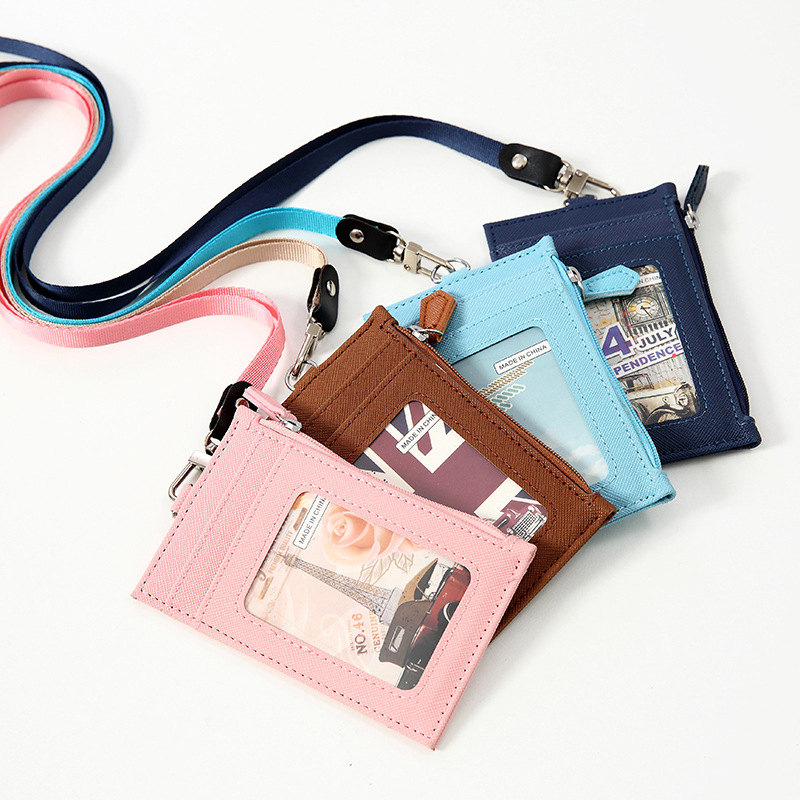 PU leather card holder with lanyard men and women card sleeve neck card holder card case coin purse multi-card slot simple card holder