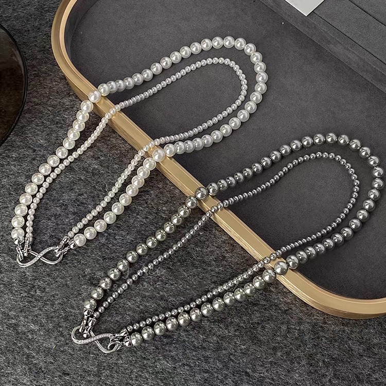 Swarovski True Multi-Ma Gray Double-Layer Layered Pearl Necklace for Women, Detachable Autumn Winter Sweater Chain Short