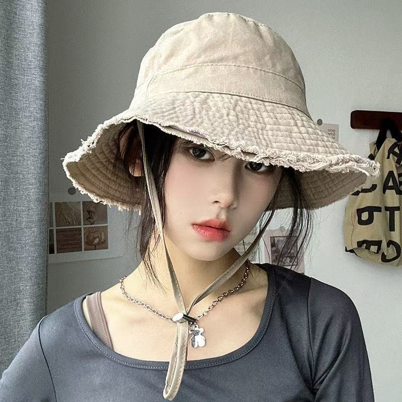 Summer Cotton Washed Raw Edge Fisherman Hat for Men and Women, Outdoor Vacation Sun Hat, Drawstring Sun Hat, Basin Hat
