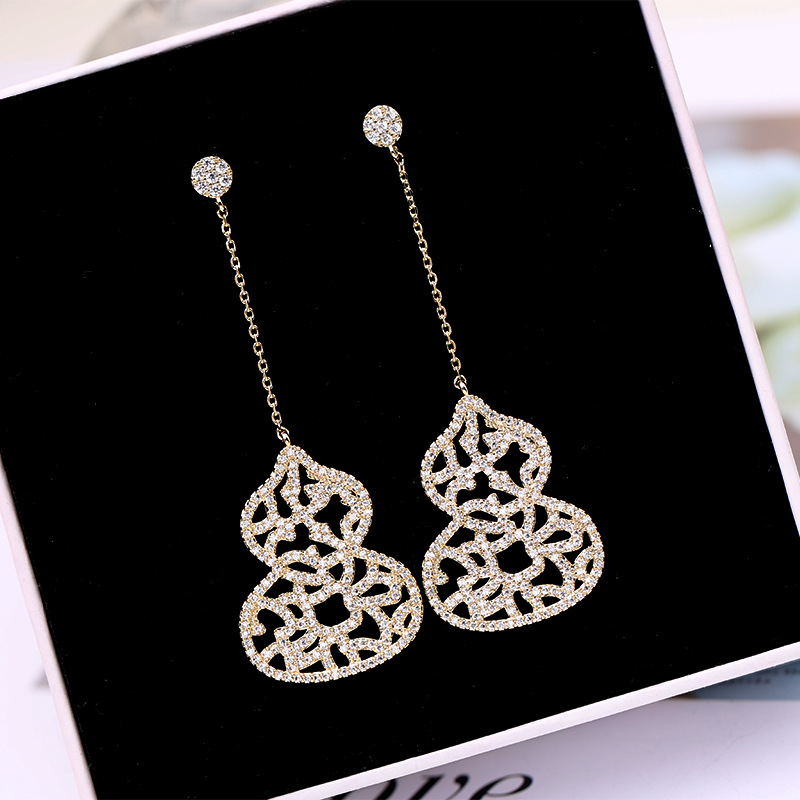 Heavy Craft Earrings Sense s925 Silver Needle Full Inlaid Zircon Earrings Gourd Earrings