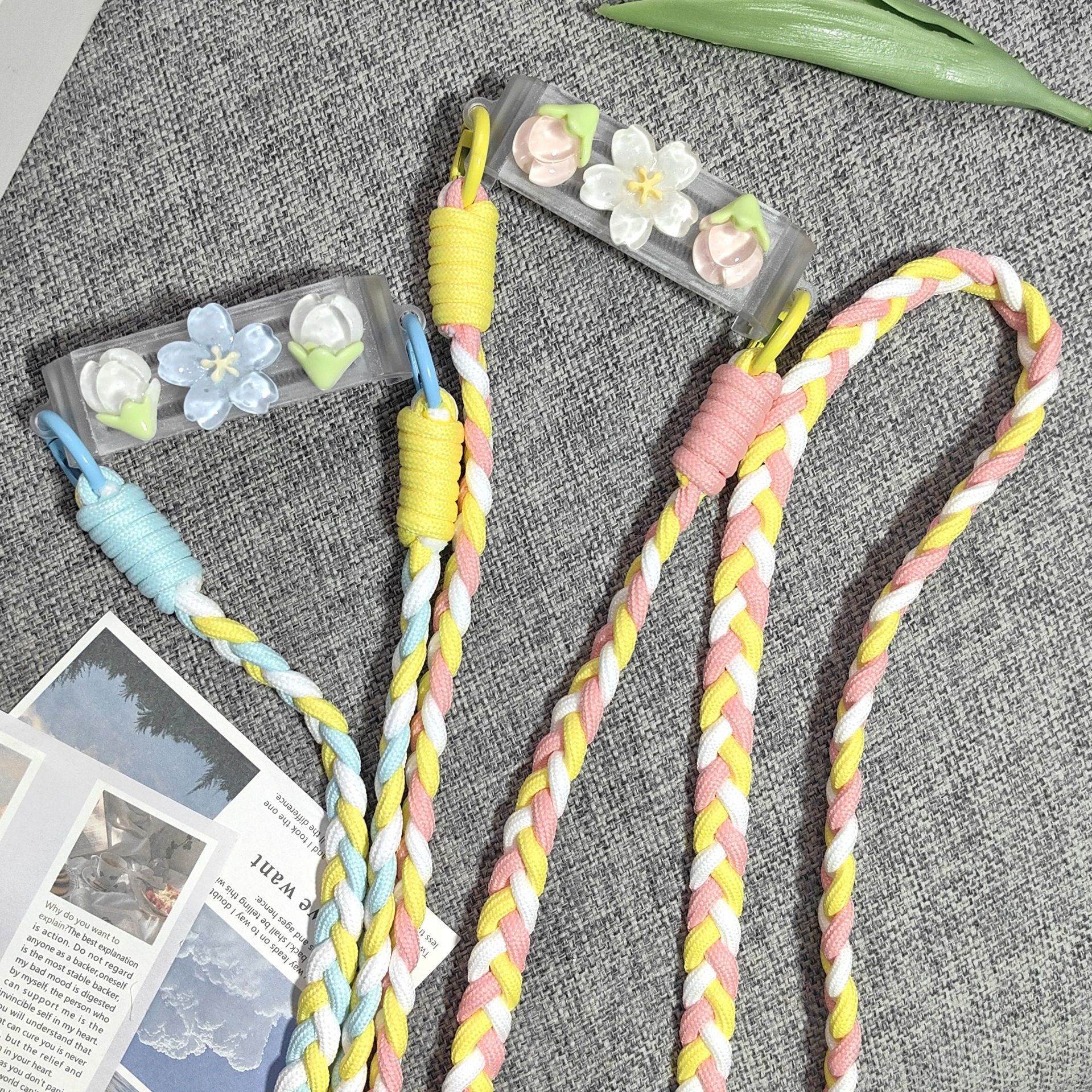 3D crystal flower back clip diagonal long rope Japanese and Korean girl back strap portable hanging ornament anti-loss accessory