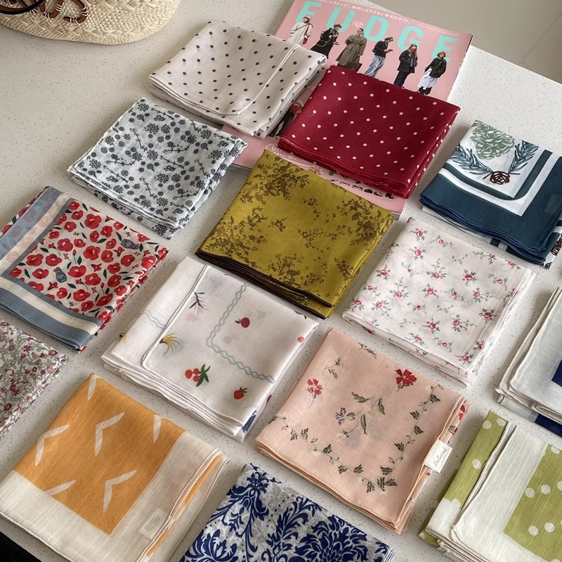 Cotton-linen square scarf collection ~ super many floral and polka dot neck scarf, forest style headscarf, hairband, bag for women