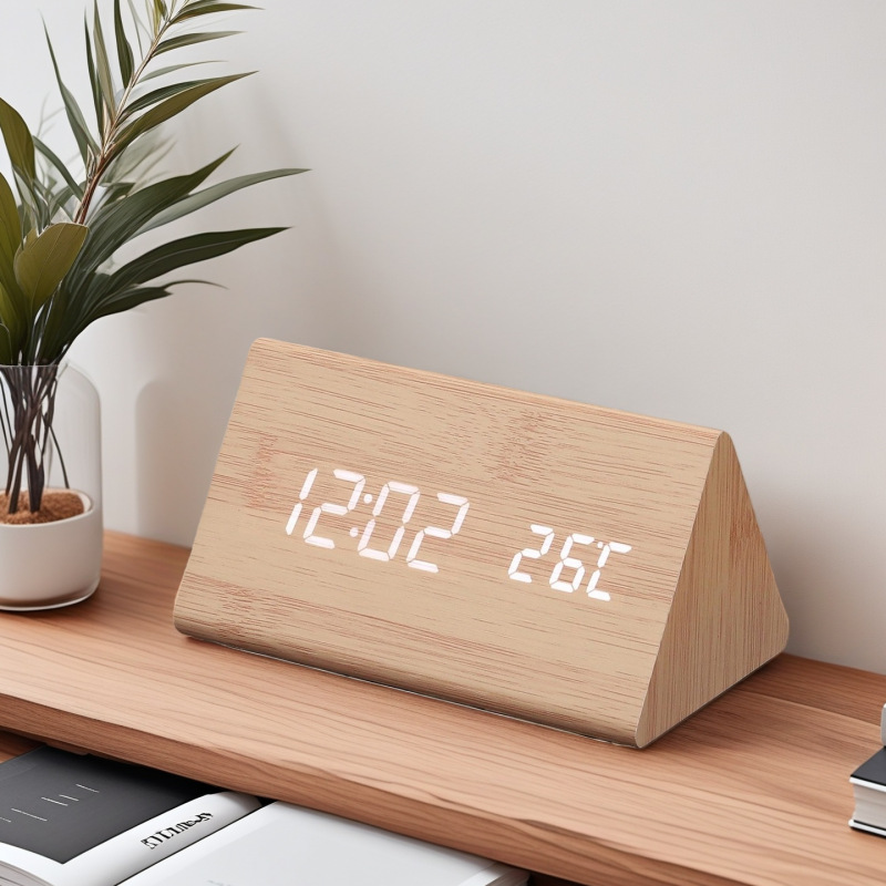 Digital LED wooden clock, temperature, calendar, quiet bedroom student alarm clock, triangular desk clock