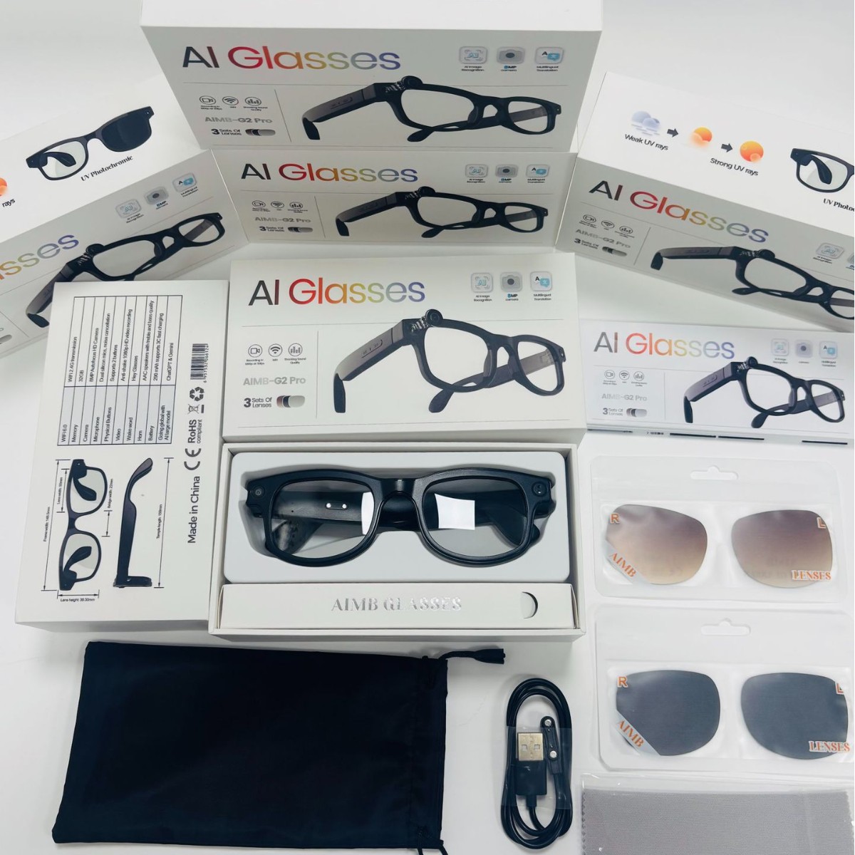 AIMB-G2pro Smart Glasses 1080p Anti-shake 8MP Video Call AI Translation Glasses Outdoor Sunglasses